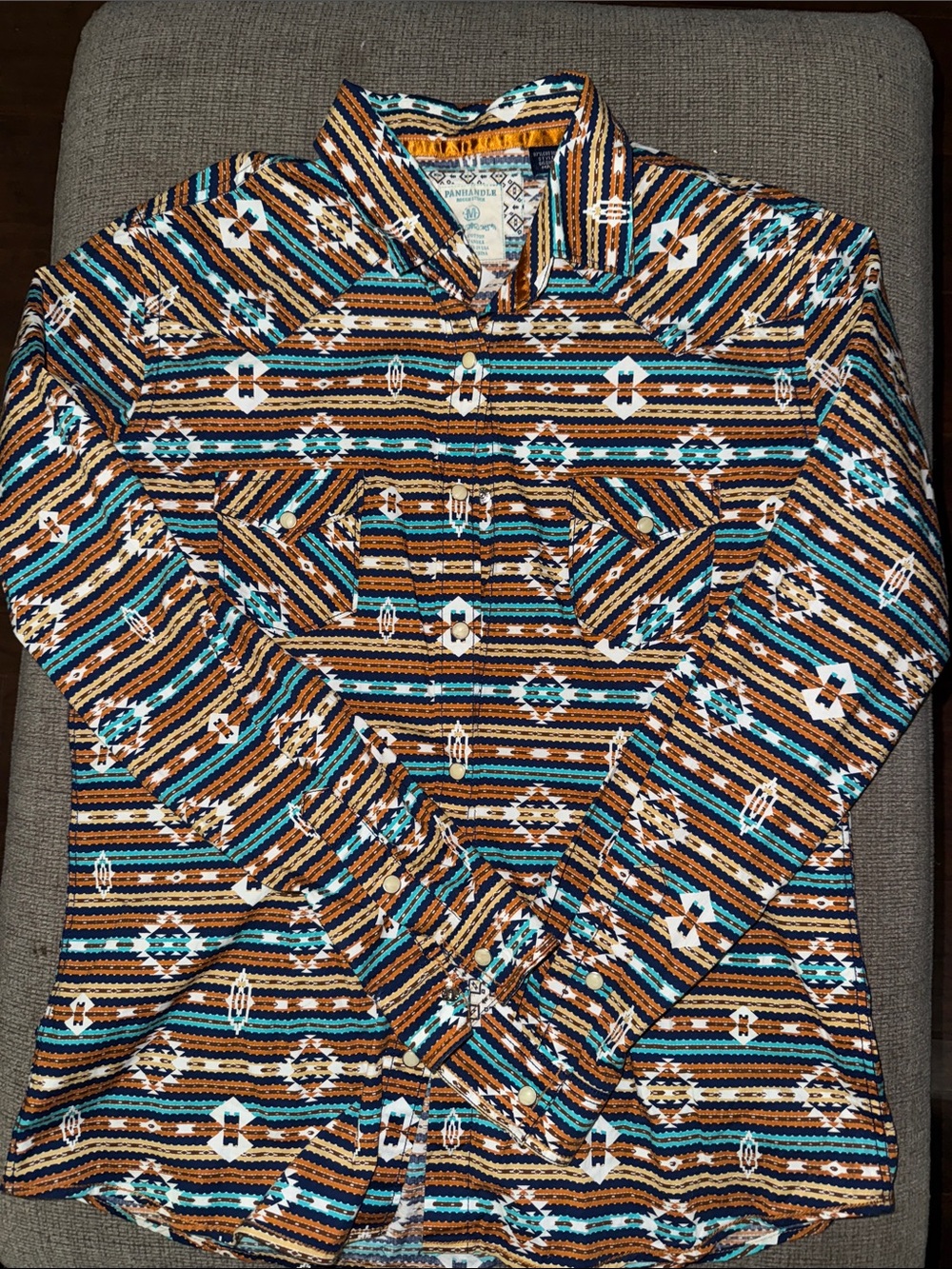 Panhandle womens Southwestern Pattern Button-Up Shirt in Teal, Rust & White